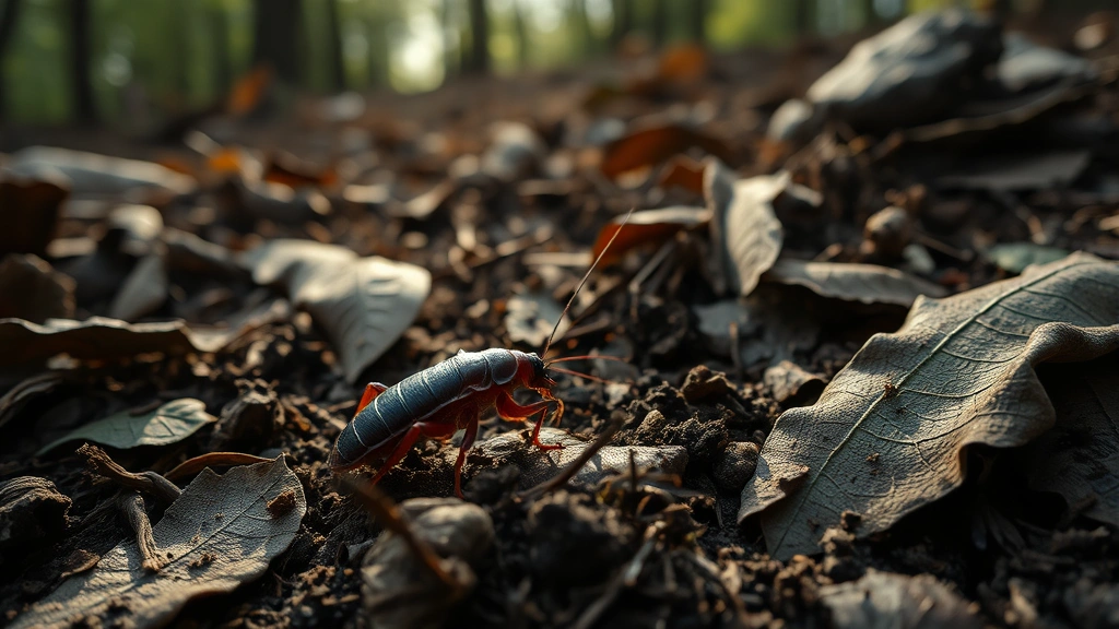 Photorealistic close-up of cockroach on decomposing leaf litter in forest soil, surrounded by decaying organic matter and rich dark earth, morning light filtering through canopy