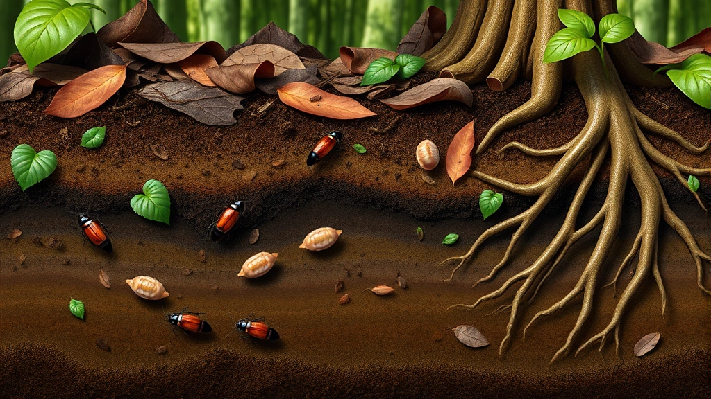 Photorealistic forest floor cross-section showing soil layers with cockroaches and larvae among leaf litter, fungal networks, and plant roots, demonstrating soil ecology
