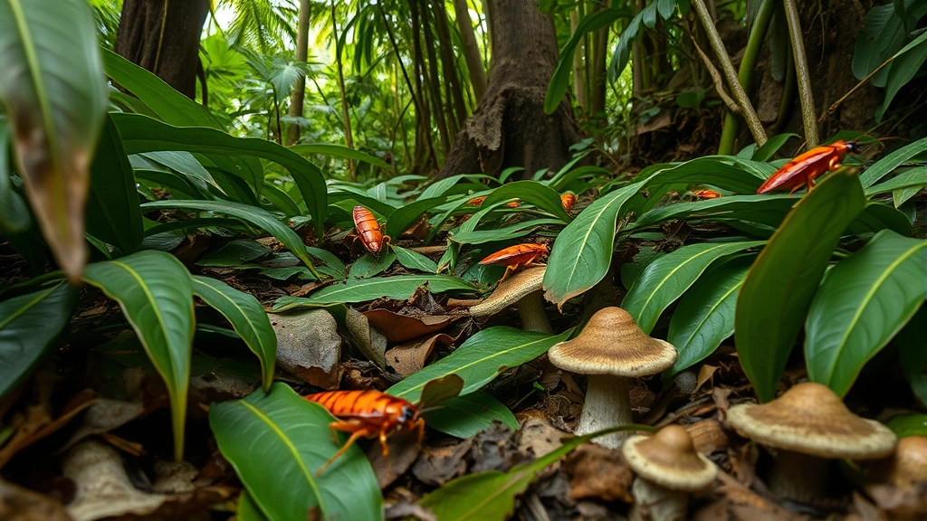 Photorealistic tropical rainforest understory with dense leaf litter layer, cockroaches visible among decomposing leaves and fungi, creating natural nutrient cycling scene