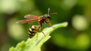 Close-up of a parasitoid wasp hovering near a green leaf with blurred garden background, natural sunlight illuminating delicate wings and body, showing intricate anatomical details of this beneficial insect