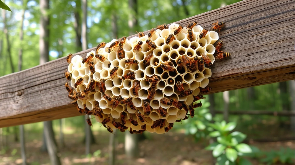 Paper wasp colony constructed on wooden beam with multiple wasps working together, natural lighting revealing hexagonal cells and individual wasps in various positions, forest or garden setting visible behind