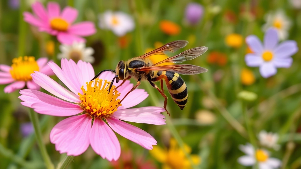 Wasp collecting nectar from colorful wildflower in natural meadow habitat, macro photography showing pollen on wasp body, diverse flowering plants and green vegetation surrounding the insect