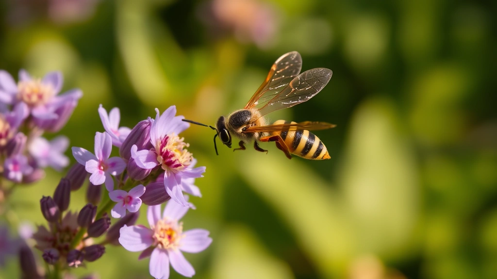 A paper wasp hovering near purple flowers in a natural garden setting, with blurred green foliage background, golden sunlight illuminating the insect's body and delicate wings
