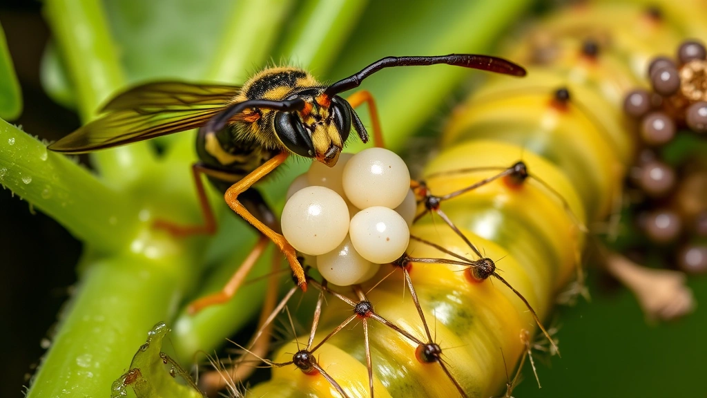 Close-up of a parasitoid wasp depositing eggs in a caterpillar host, showing the insect's ovipositor extended, surrounded by green plant leaves and natural habitat elements