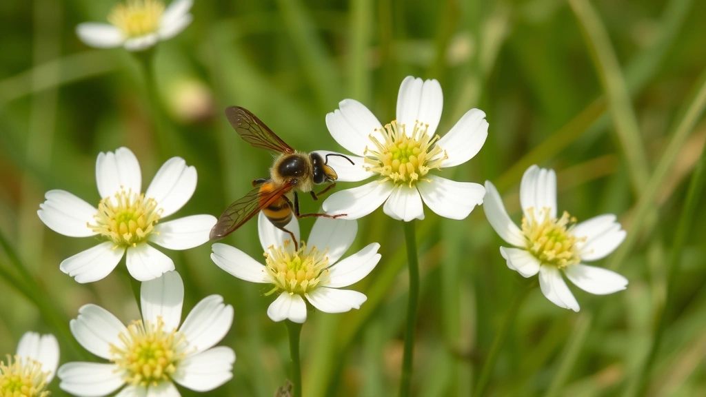A wasp collecting nectar from white wildflowers in a meadow ecosystem, with multiple flowers visible and natural grassland environment, demonstrating pollination behavior