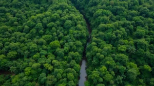 Aerial view of a thriving tropical rainforest ecosystem with dense green canopy, winding river, and wildlife habitat intact, photorealistic, no text or labels visible