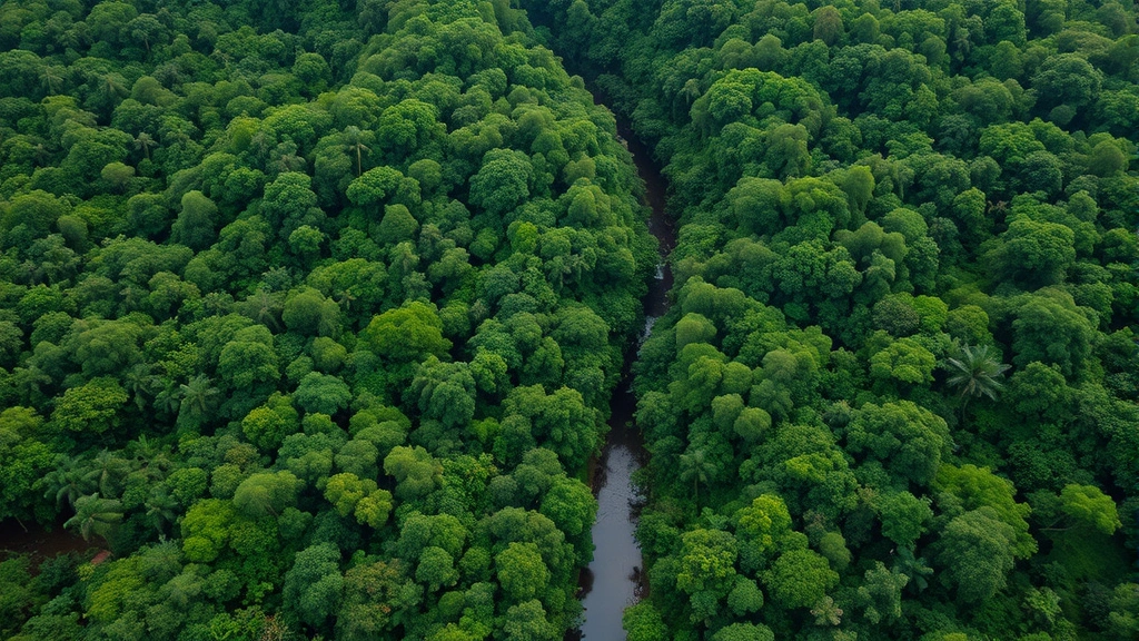 Aerial view of a thriving tropical rainforest ecosystem with dense green canopy, winding river, and wildlife habitat intact, photorealistic, no text or labels visible