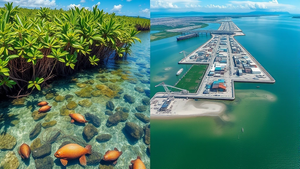 Split-screen composition: left side shows pristine coastal mangrove forest with clear water and marine life, right side shows industrial waterfront with pollution and development, photorealistic, no text