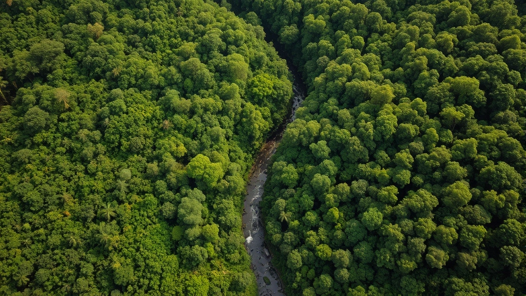 Aerial photograph of intact tropical rainforest canopy with river winding through dense vegetation, showing biodiversity hotspot with multiple forest layers and vibrant green coloration