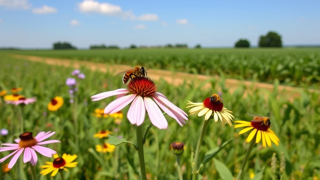 Diverse agricultural landscape featuring pollinator insects visiting wildflowers, with cultivated crops in background under clear sky, demonstrating ecosystem service provisioning