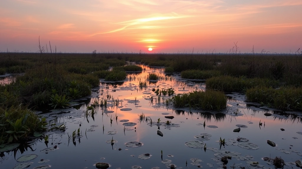 Wetland ecosystem at sunset with water reflecting sky, surrounded by marsh vegetation and native wildlife habitats, showcasing natural water purification and carbon sequestration infrastructure