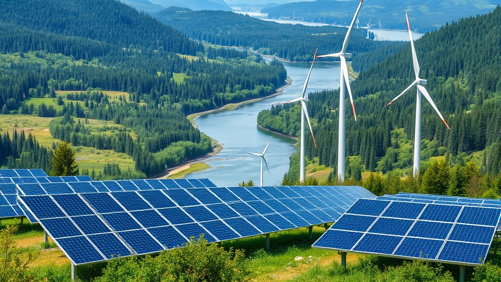 Solar panels and wind turbines in landscape with natural forest and river ecosystem, showing renewable energy infrastructure coexisting with pristine nature, photorealistic daylight