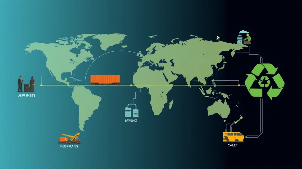 Industrial supply chain visualization showing factory workers, shipping containers, mining operations, and recycling facilities connected globally, representing circular economy complexity and environmental impact distribution