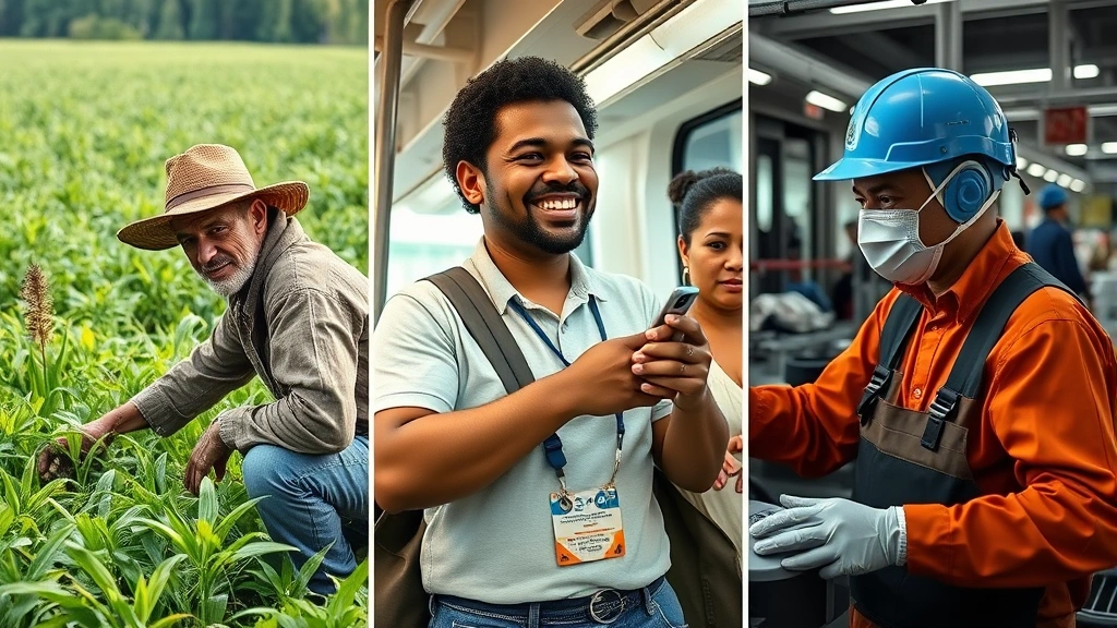 Diverse community members in various settings—farmer in sustainable agriculture field, urban residents using public transit, factory worker in green technology facility—depicting just transition and equitable green economy implementation