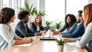 Professional office environment with diverse employees collaborating respectfully at a conference table, natural lighting from windows, modern workspace with plants, showing inclusive workplace culture and positive team dynamics