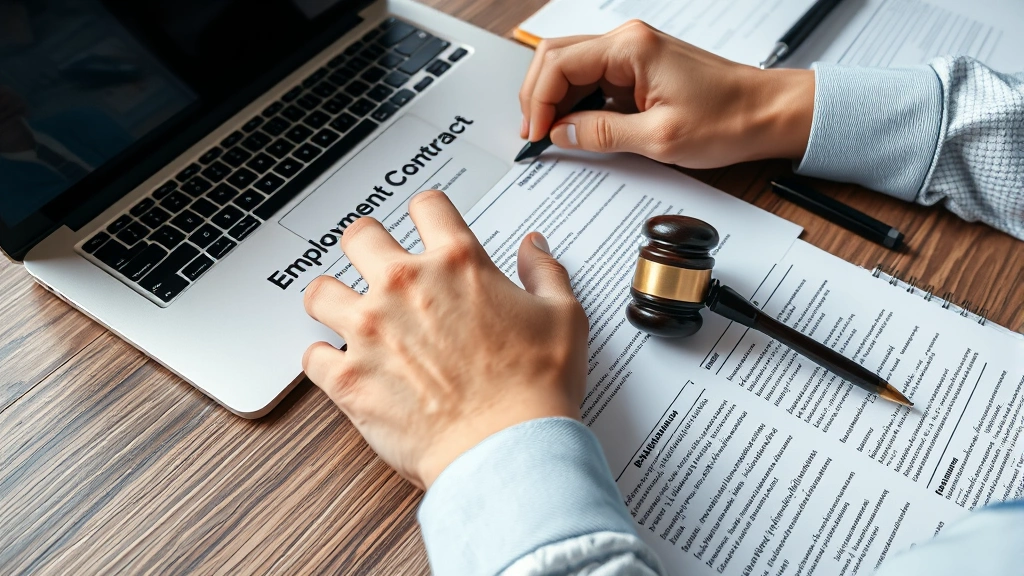 Close-up of hands reviewing employment documents and legal contracts on a desk with a laptop, notepad with detailed notes, representing documentation and evidence gathering processes