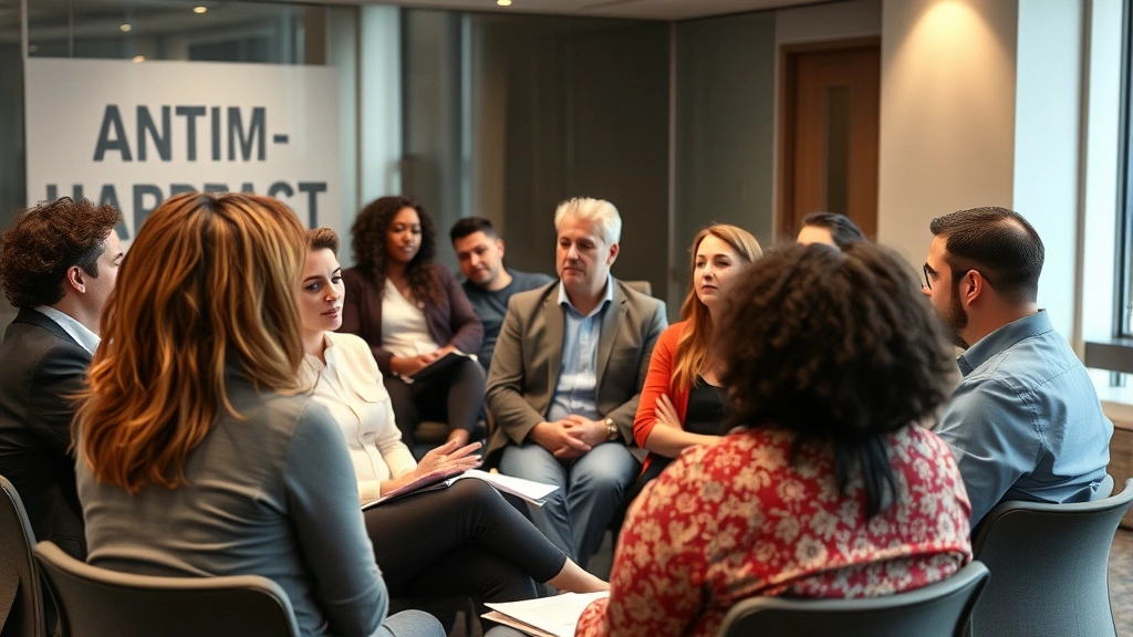 Diverse group of professionals in a training or meeting room engaged in discussion, showing anti-harassment training or workplace culture workshop, with inclusive and respectful interactions visible
