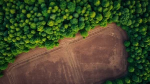 Aerial view of lush forest canopy transitioning to cleared agricultural land, showing stark contrast between intact ecosystem and human land conversion, natural lighting emphasizing biodiversity loss