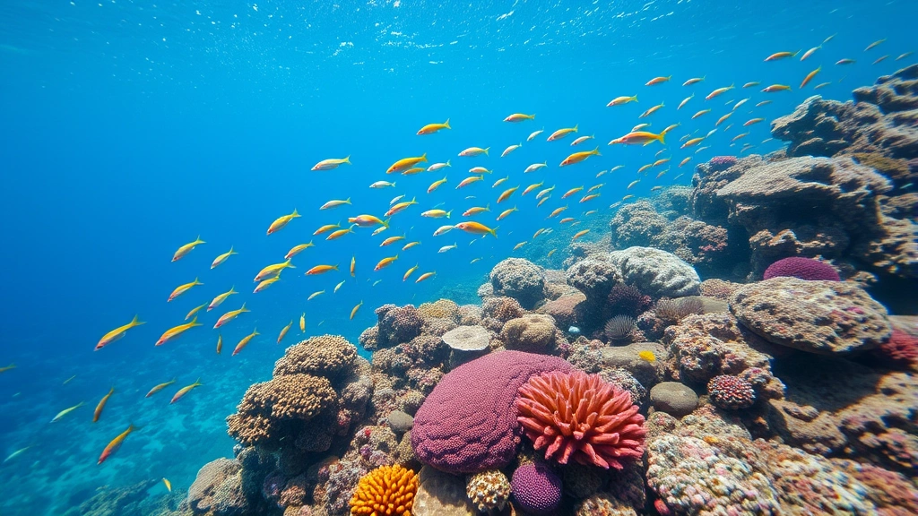 Underwater coral reef ecosystem teeming with colorful marine life and fish schools, crystal clear water, vibrant corals, representing healthy ecosystem services and economic value of marine biodiversity