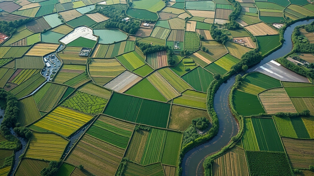 Aerial view of regenerative farmland with diverse crop patterns, green vegetation, and integrated water systems creating mosaic landscape patterns, photorealistic natural lighting