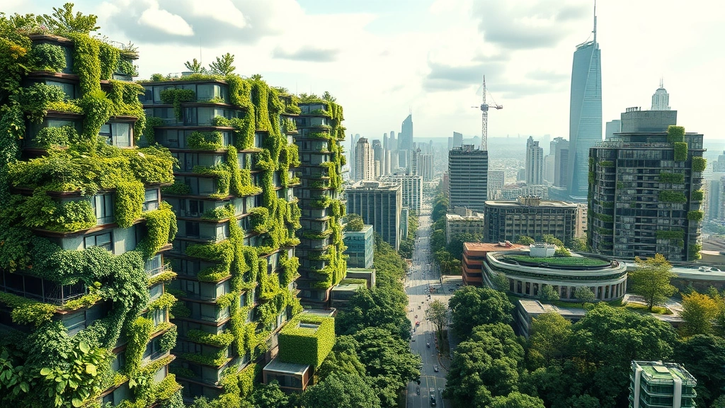 Urban-forest interface showing green buildings with living walls, renewable energy infrastructure, and natural ecosystems seamlessly integrated into cityscape, showing sustainable development