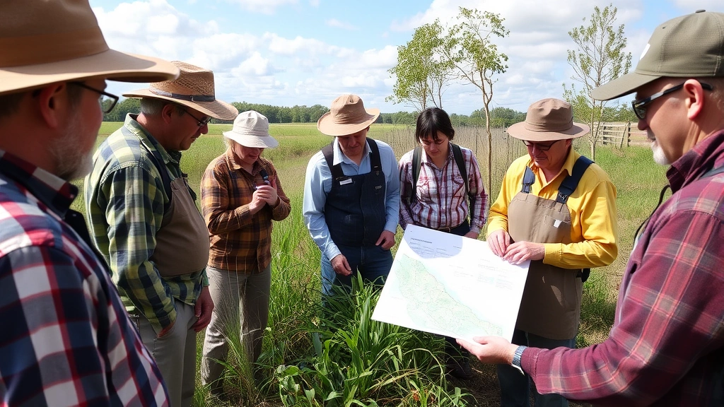 Diverse team of farmers, scientists, and community members collaborating around a watershed model, examining data and planning sustainable resource management together outdoors