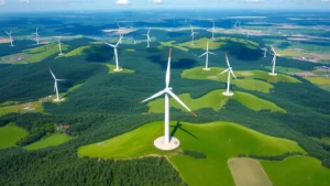 Aerial view of sustainable Scandinavian wind farm with modern turbines scattered across verdant rolling landscape, showing integration of renewable energy infrastructure with intact forests and agricultural fields