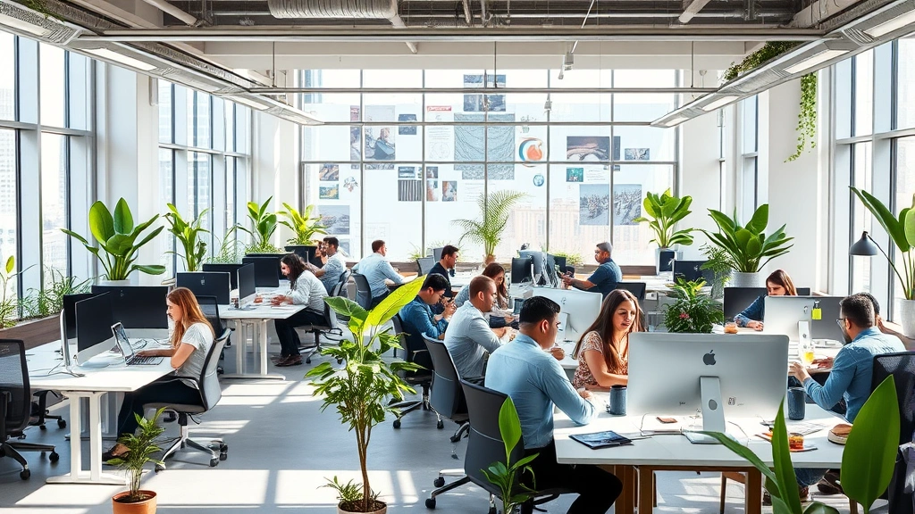 Modern open-plan technology office with diverse team members collaborating at flexible workstations, natural light streaming through large windows, plants and greenery integrated throughout space, embodying agile organizational culture
