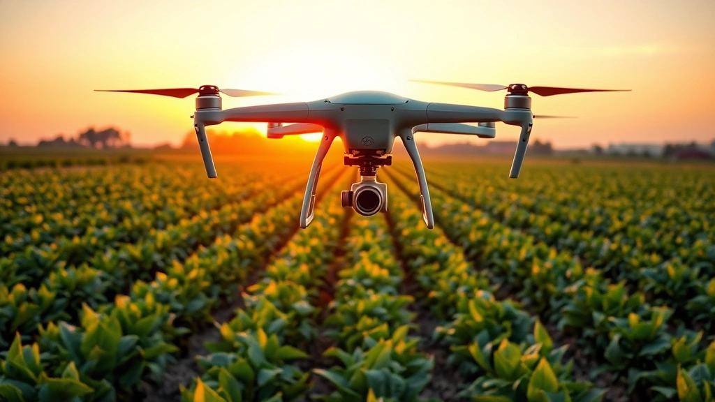 Precision agriculture drone monitoring crop fields at sunset, showing advanced technology enabling real-time adaptive farming decisions, with healthy crops and landscape integration demonstrating sustainable agile agricultural practices