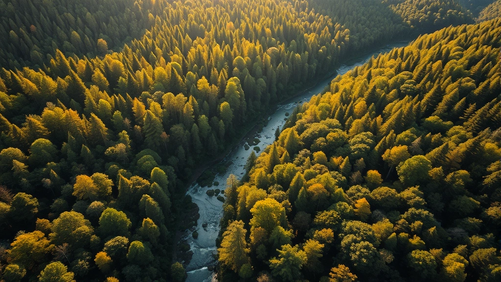 Aerial view of diverse forest canopy with rivers flowing through valleys, sunlight filtering through trees, showcasing healthy ecosystem structure and water systems supporting economic productivity