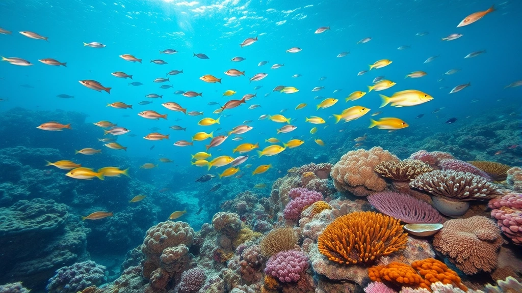 Underwater coral reef ecosystem with colorful fish schools and vibrant corals, demonstrating biodiversity that supports fisheries, tourism, and coastal protection economics