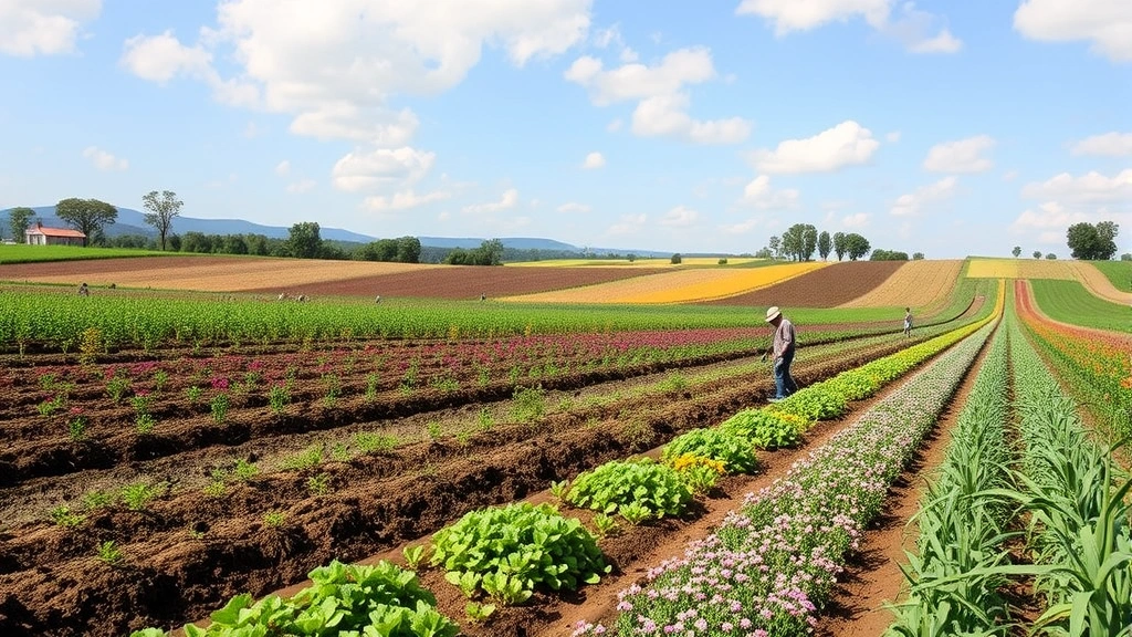 Agricultural landscape showing regenerative farming practices with diverse crop rotation, healthy soil, flowering plants supporting pollinators, and workers harvesting crops in sustainable system