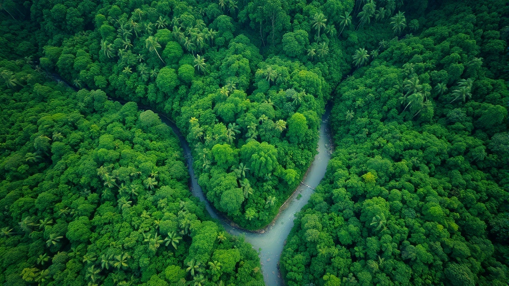 Aerial view of lush tropical rainforest canopy with rivers winding through dense green vegetation, photorealistic, vibrant natural colors, no text or labels
