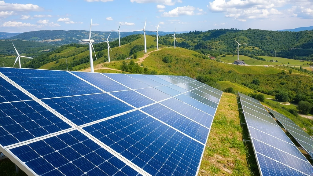 Solar panel array installed on hillside with wind turbines in distance and healthy green landscape, photorealistic renewable energy infrastructure, no text or charts