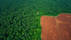 Aerial view of deforestation boundary showing pristine tropical forest adjacent to cleared agricultural land with exposed soil, representing habitat loss from GDP-driven resource extraction, photorealistic, high contrast