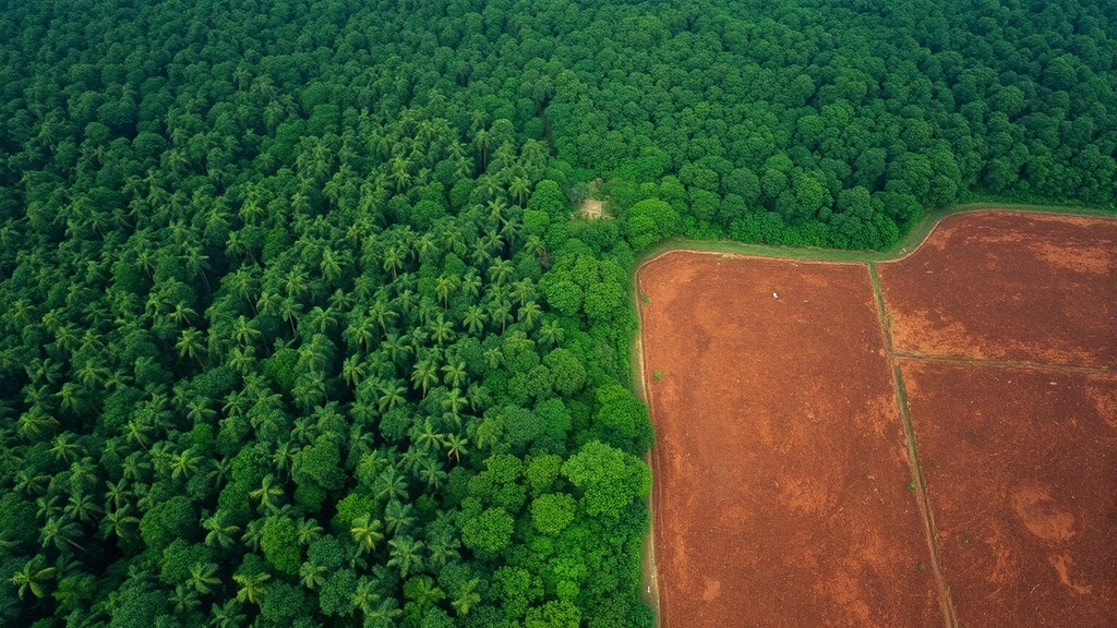 Aerial view of deforestation boundary showing pristine tropical forest adjacent to cleared agricultural land with exposed soil, representing habitat loss from GDP-driven resource extraction, photorealistic, high contrast