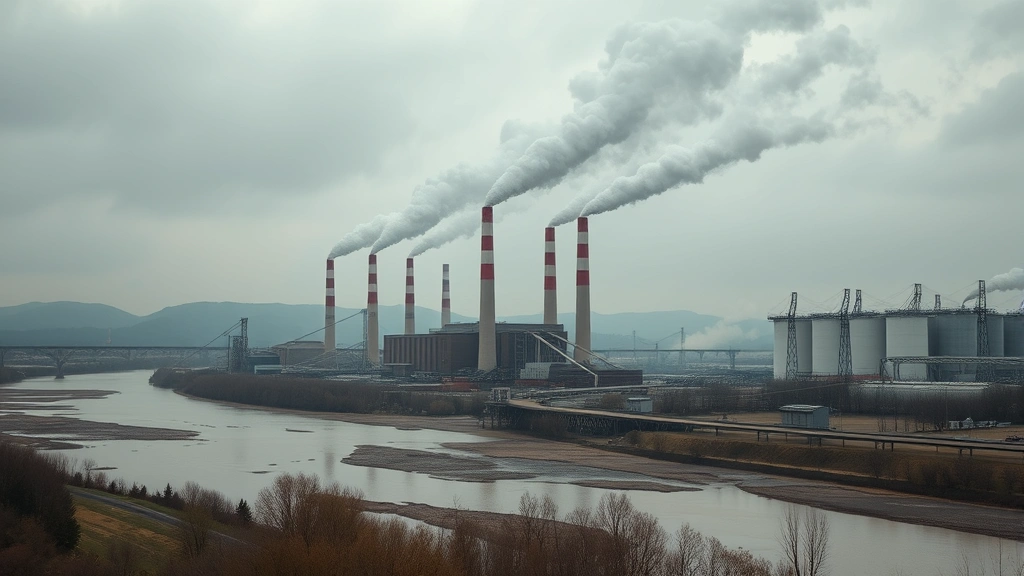 Industrial factory with multiple smokestacks emitting steam and pollution near a degraded river with discolored water, showing pollution impacts from growth-driven manufacturing, photorealistic, overcast lighting