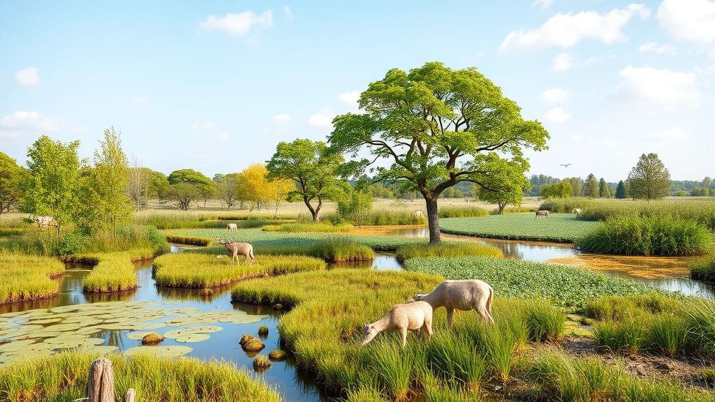 Diverse ecosystem restoration scene showing replanted native trees, wetland restoration, and wildlife returning to regenerated landscape, representing alternative economic models prioritizing ecological regeneration