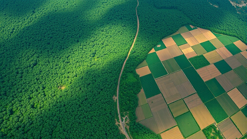 Aerial view of deforestation boundary showing intact rainforest transitioning to cleared agricultural land with geometric patterns, illustrating human ecosystem transformation and economic land-use decisions