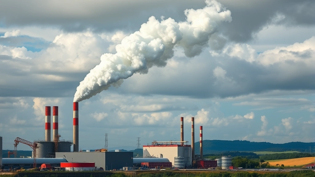 Industrial manufacturing facility with visible air pollution emissions rising against cloudy sky, with natural landscape visible in background, depicting environmental externalities and ecosystem service degradation