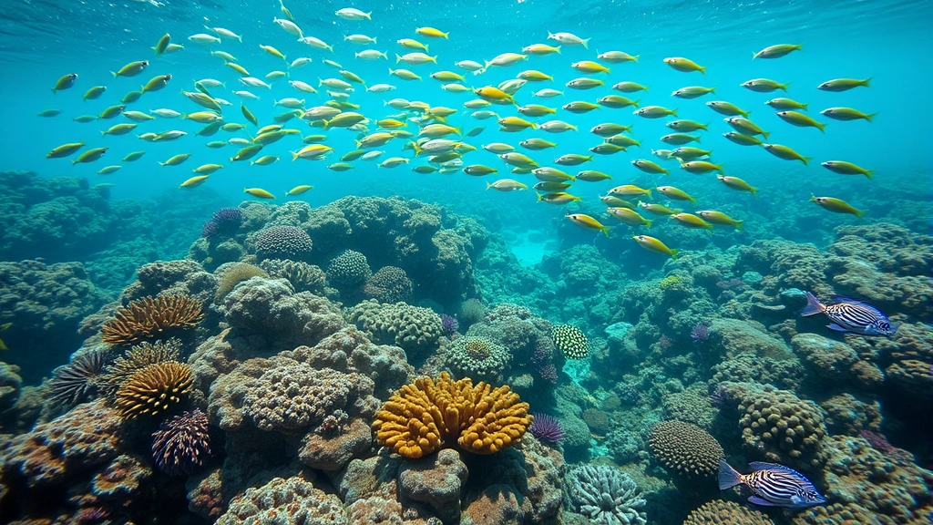 Underwater coral reef ecosystem showing vibrant biodiversity with schools of tropical fish and healthy corals, representing ecosystem services and natural capital that economic systems depend upon
