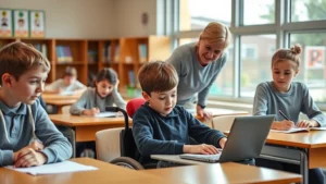 A student with a disability working at a desk in a mainstream classroom alongside non-disabled peers, with a teacher providing support, natural light streaming through windows showing an outdoor school yard, photorealistic, warm and inclusive atmosphere