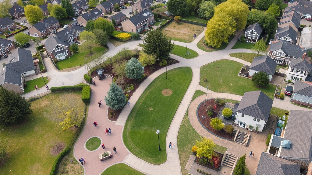 An aerial view of a diverse community neighborhood with parks, residential homes, accessible pathways, and people of various abilities engaged in outdoor activities, showing integrated community living spaces and natural green areas