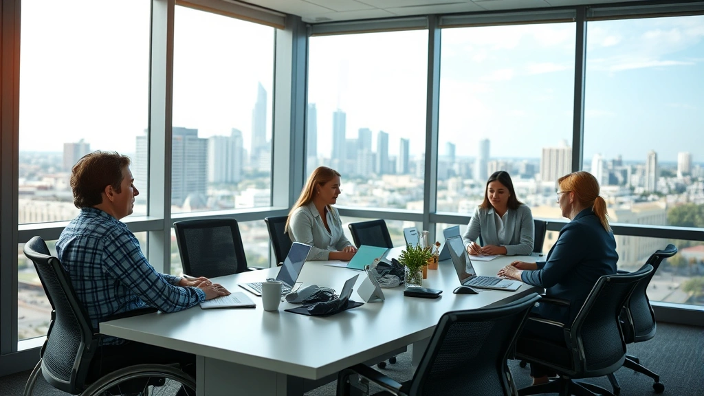 A person with a disability working at a desk in a competitive employment setting alongside colleagues, participating in a team meeting, with office windows overlooking a city skyline, representing economic integration and community participation