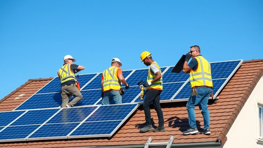 Solar panel installation team working on residential rooftop, blue sky background, diverse workers in safety gear, natural daylight, photorealistic