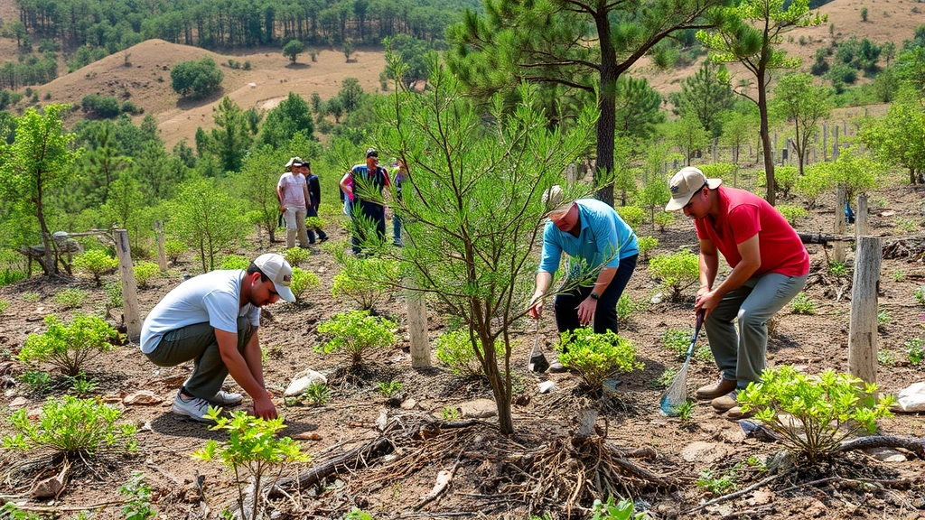 Ecosystem restoration project with workers planting native trees in degraded landscape, green growth, diverse team engaged in conservation work, natural outdoor setting