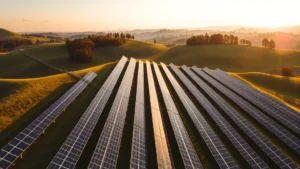 Aerial view of solar farm with neat rows of panels stretching across rolling green hills, trees visible in background, golden sunlight creating shadows, natural landscape integration