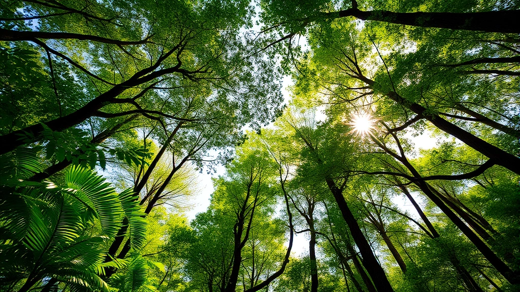 Forest canopy from below showing dense green foliage with sunlight filtering through leaves, diverse tree species, healthy understory vegetation, ecosystem richness visible