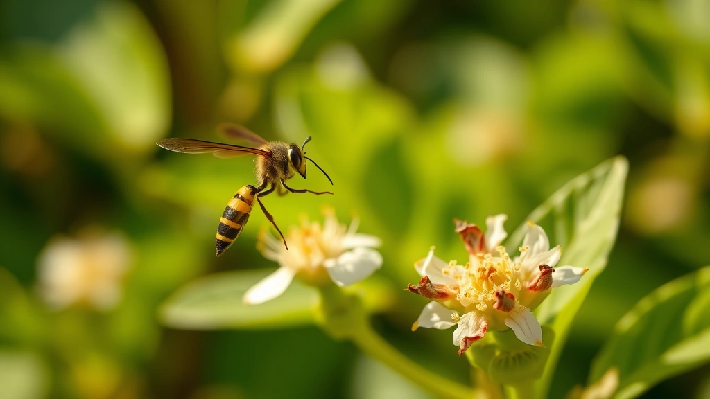 Close-up of a solitary wasp hovering near a flowering plant with blurred green foliage background, capturing predatory insect behavior in natural habitat with warm sunlight filtering through leaves