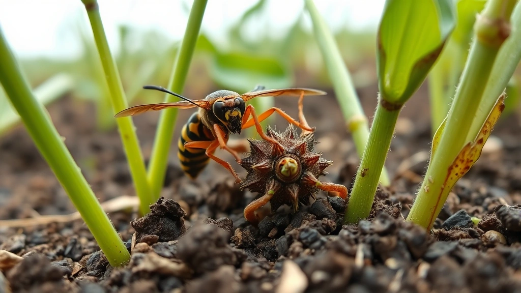Macro photography of a parasitoid wasp on a host insect among agricultural crop plants, showing biological pest control in action with soil and vegetation visible, photorealistic detail